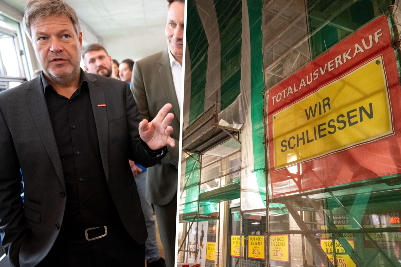 Das Bild zeigt Robert Habeck und ein „Wir schließen“-Schild. Die Bundesregierung rechnet anscheinend mit einer schrumpfenden Wirtschaft.