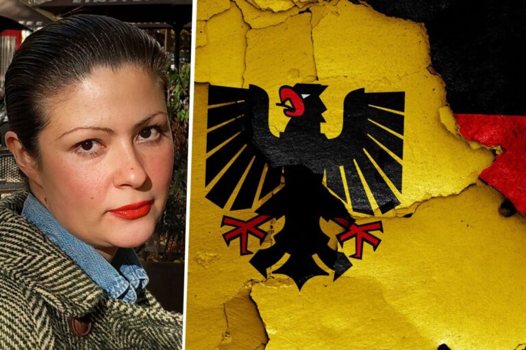 Die deutsch-afghanische Schriftstellerin Mariam Kühsel-Hussaini in Berlin, Verteidigerin der Meinungsfreiheit und Pressefreiheit, Nationalsymbol deutscher Adler und deutsche Fahne. Foto: privat & picture alliance/dpa Zoonar, Daniel0Z