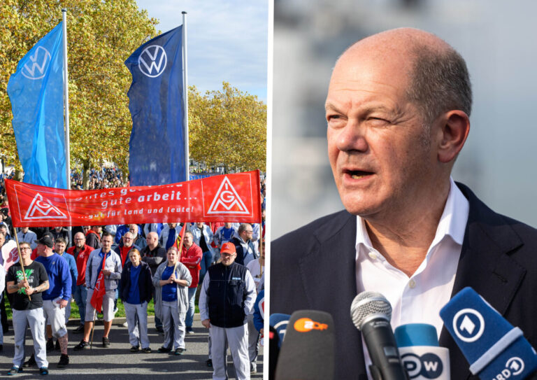 Volkswagen-Mitarbeiter nach der Betriebsratsversammlung in Zwickau (l.): Bundeskanzler Olaf Scholz (r.) mahnt, bei den geplanten Kürzungen müsse es um den Erhalt der Arbeitsplätze gehen. (Themenbild/Collage)