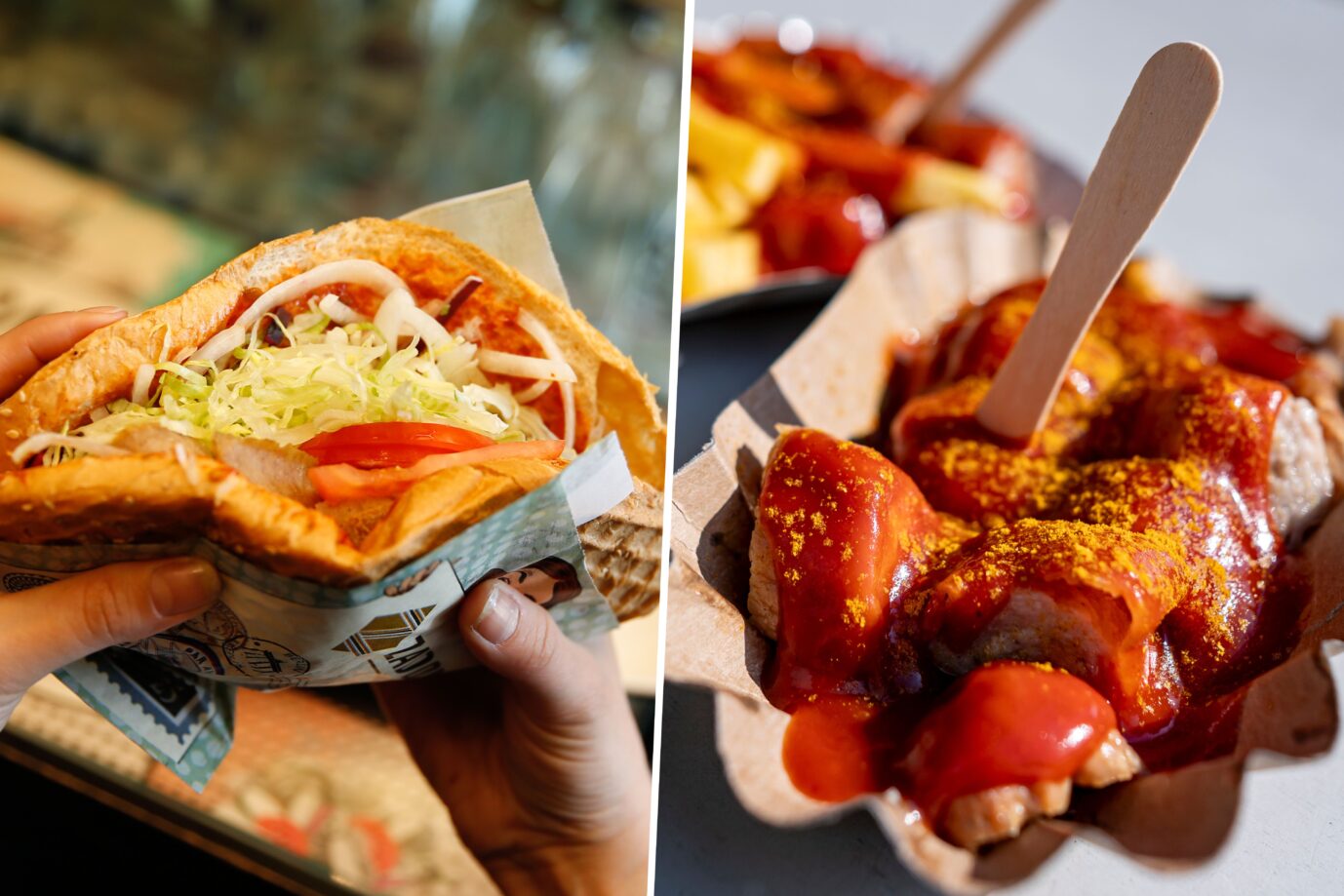 Berlins kulinarischer Stolz, der Döner, auch beliebt beim Rest der Nation, so bunt wie das Land – und die Currywurst Montage: picture alliance / ZB | Gerald Matzka picture alliance/dpa | Fabian Sommer