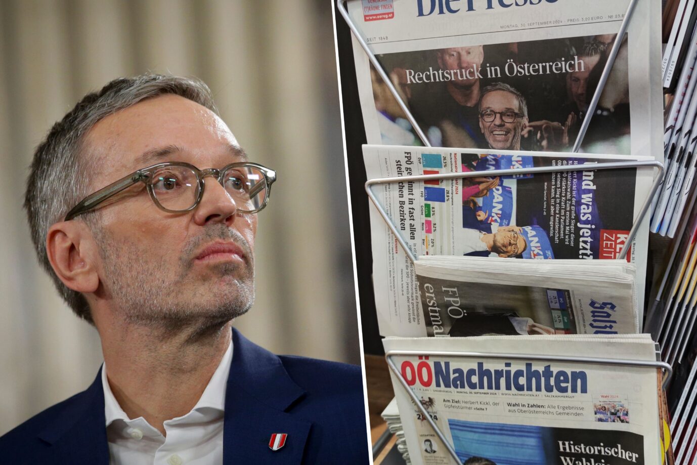 Ein Wahlergebnis, das staunen läßt: Der Sieg der FPÖ in Österreich könnte dem Parteichef Kicks noch zum Verhängnis werden Montage: picture alliance / dts-Agentur | -/ picture alliance / ASSOCIATED PRESS | Heinz-Peter Bader