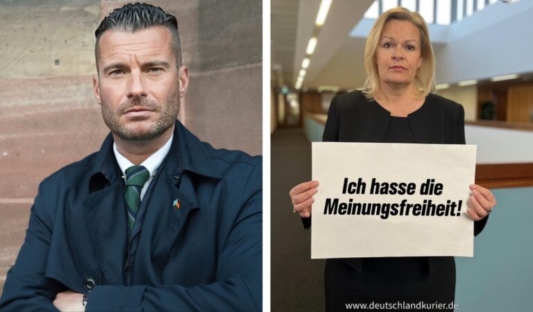 „Deutschland-Kurier“-Chefredakteur David Bendels und das von ihm erstellte Faeser-Meme, das ihm vor Gericht eine Bewährungsstrafe einbrachte.