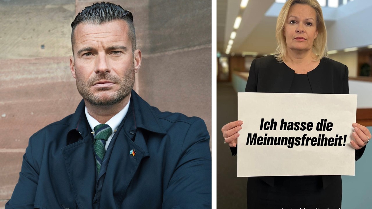 „Deutschland-Kurier“-Chefredakteur David Bendels und das von ihm erstellte Faeser Meme, das ihm einen Strafbefehl einbrachte.