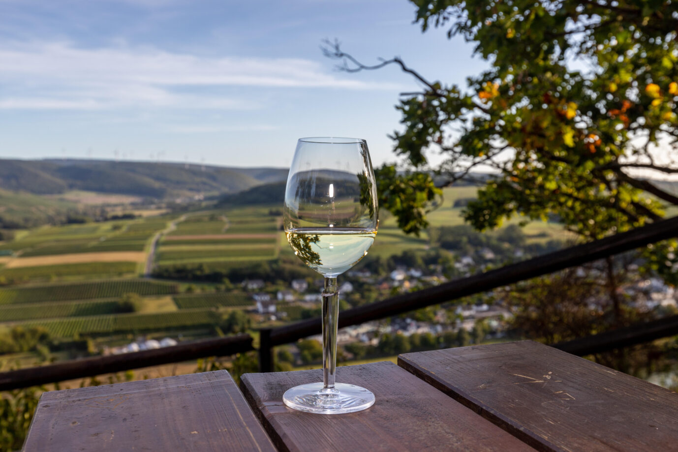 Auf einem Holztisch steht ein Glas Weißwein, im Hintergrund sind sanft geschwungene Hügel zu sehen. Das Foto entstand in Brauneberg, in der Weinanbaugegend rund um die Mosel. Deutsche Weine werden immer besser