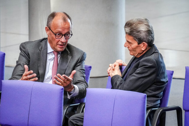 Rolf Mützenich, Vorsitzender der SPD-Bundestagsfraktion, und Friedrich Merz (l, CDU), CDU-Bundesvorsitzender und Unionsfraktionsvorsitzender, unterhalten sich am Rande der Sitzung des Bundestags teil. Thema ist das Zukunftsfinanzierungsgesetz. Rolf Mützenich und Friedrich Merz im engen Austausch: Die Fraktionsvorsitzenden von SPD und Union einigen sich auf Neuwahlen. Foto: picture alliance/dpa | Kay Nietfeld