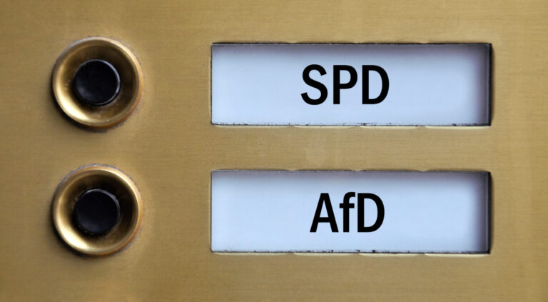 In Fürth überwinden SPD und AfD die Brandmauer und stimmen für Kürzungen beim Sozialticket. Eine Personalunion aus DGB und Grünen tobt. Die Sozialdemokraten erklären sich. 13.08.2024, Borkwalde, Brandenburg: In zwei Klingelschildern befinden sich die Schriftzüge SPD und AfD. Klingelschilder mit den Schriftzügen SPD und AfD: Gute Nachbarn helfen einander auch mal bei Abstimmungen. Symbolfoto: picture alliance / ZB | Sascha Steinach