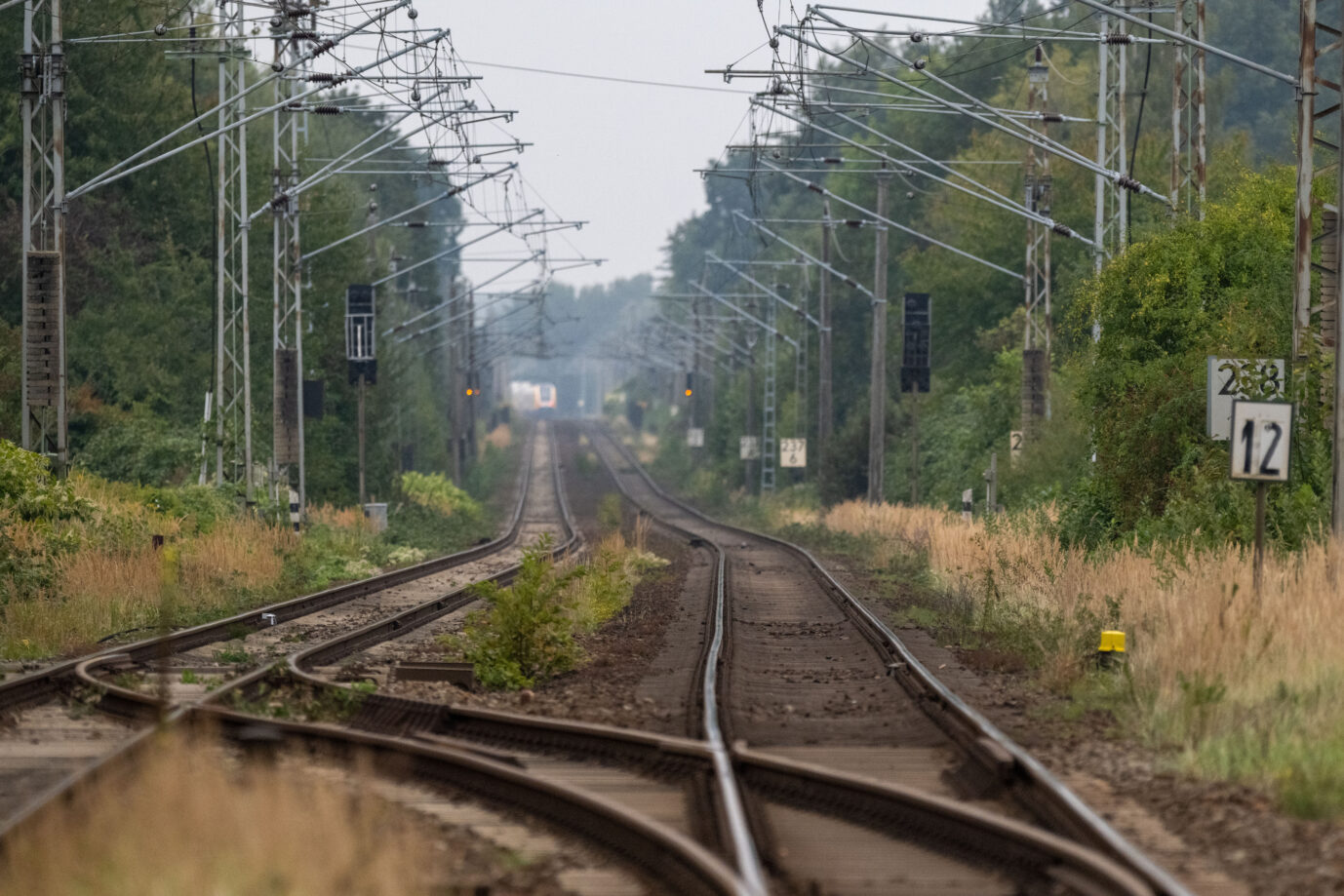 Zwei Schienen der Deutschen Bahn sind zu sehen und führen ins Nirgendwo. Insgesamt ist das Schienennetz in Deutschland extrem marode