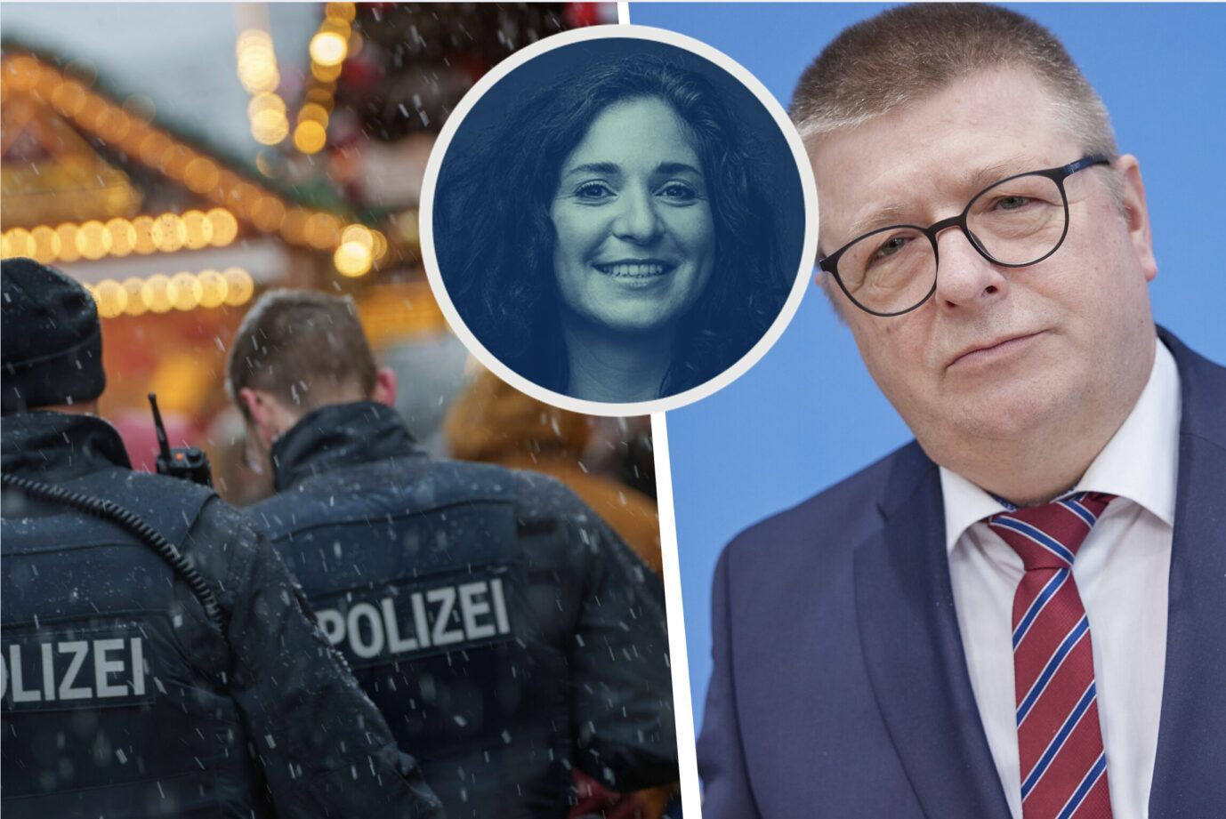 Deutsche Polizisten laufen über einen verschneiten Weihnachtsmarkt, daneben ist Verfassungsschutz-Chef Thomas Haldenwang zu sehen. Haldenwang wußte nichts von dem bevorstehenden Anschlag – so wie meistens bei deutschen Geheimdiensten