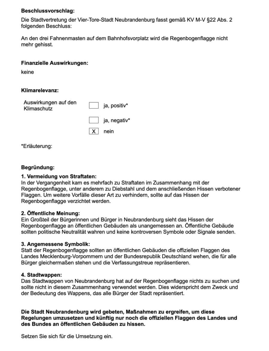 Auszug aus dem Antrag „Entfernung der Regenbogenflagge auf dem Bahnhofsvorplatz“ von Anfang Oktober. Quelle: Neubrandenburg