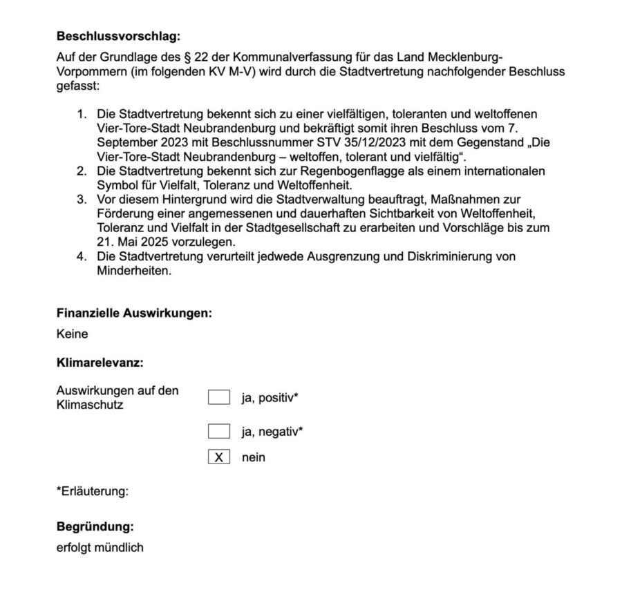 Auszug aus dem Antrag „Bekenntnis für Weltoffenheit, Toleranz und Vielfalt“ im Neubrandenburger Stadtrat. Quelle: Neubrandenburg