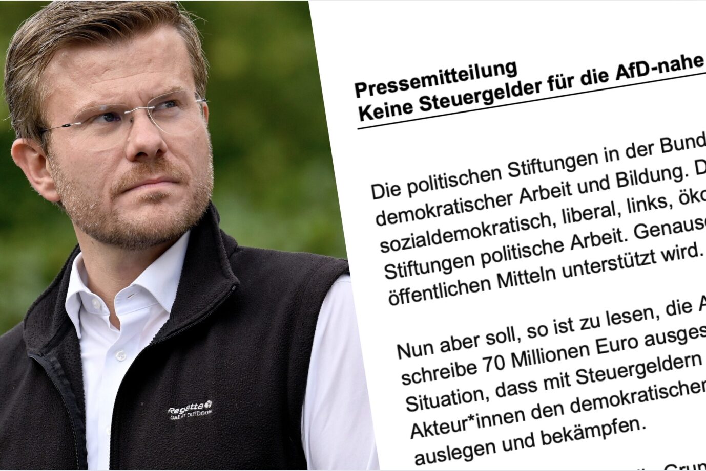 Nürnbergs Oberbürgermeister Marcus König (CSU) schaut grimmig zur Seite, daneben ist ein Auszug aus einem Text der „Allianz gegen Rechtsextremismus“ zu lesen, indem sie fordert, daß die AfD-nahe Desiderius-Erasmus-Stiftung keine Steuergelder erhalten soll