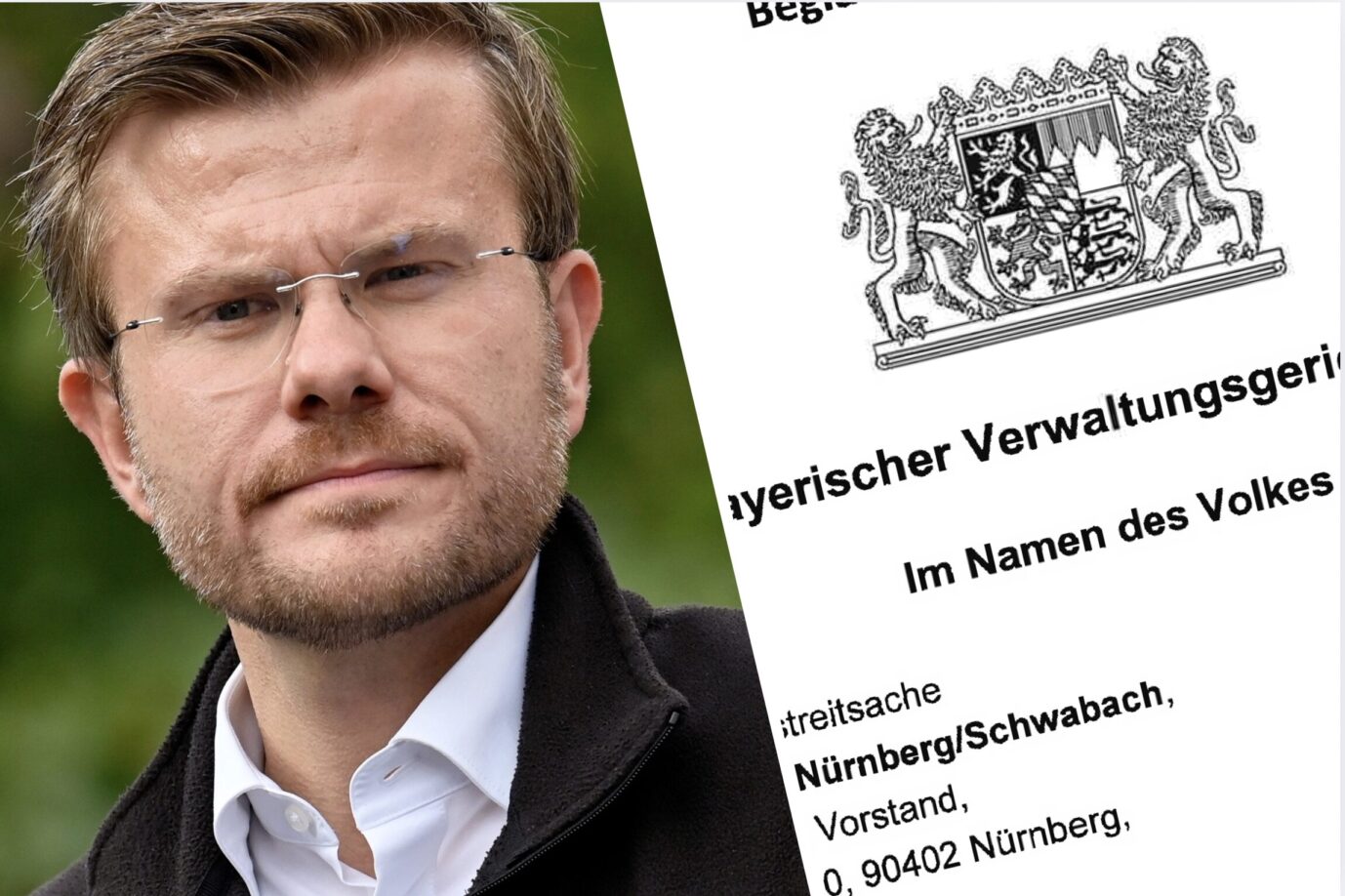 Links schaut Nürnbergs Oberbürgermeister Marcus König (CSU) grimmig in die Kamera, rechts daneben ist ein Auszug aus dem Gerichtsurteil zu sehen. Dank des Urteils muß Nürnberg jetzt die selbsternannte Allianz gegen Rechtsextremismus verlassen – die Organisation schoß ständig gegen die AfD