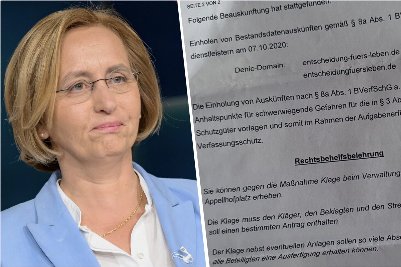 Die stellvertretende Vorsitzende der AfD-Bundestagsfraktion, Beatrix von Storch schaut etwas pikiert in die Ferne, daneben sieht man einen Auszug aus einem Schreiben des Verfassungschutzes, in dem er informiert, daß er sich Auskünfte über ihren Mann eingeholt hat. Verfassungsschutz