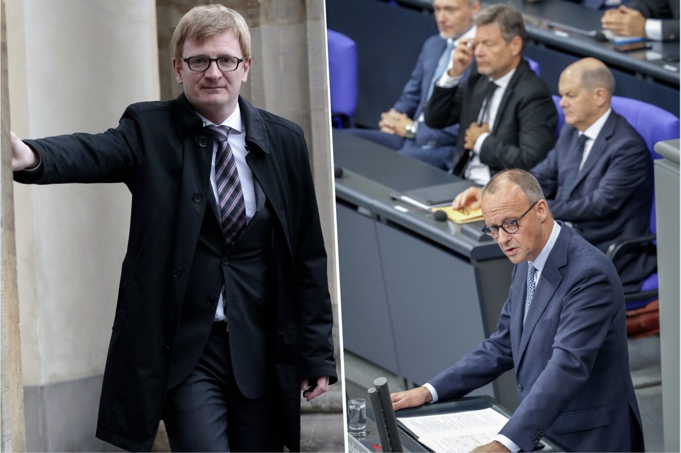 Links lehnt sich der ehemalige CDU-Bundestagsbgeordnete und JF-Gastautor Philipp Lengsfeld an eine Wand und blickt den Betrachter herausfordernd an. Daneben sind die Kanzlerkandidaten Robert Habeck (Grüne), Olaf Scholz (SPD) und Friedrich Merz (CDU) während einer Bundestagsdebatte zu sehen. Nur AfD-Kandidatin Alice Weidel und BSW-Kandidatin Sahra Wagenknecht können die Rückstände der Ampel beiseite schaffen