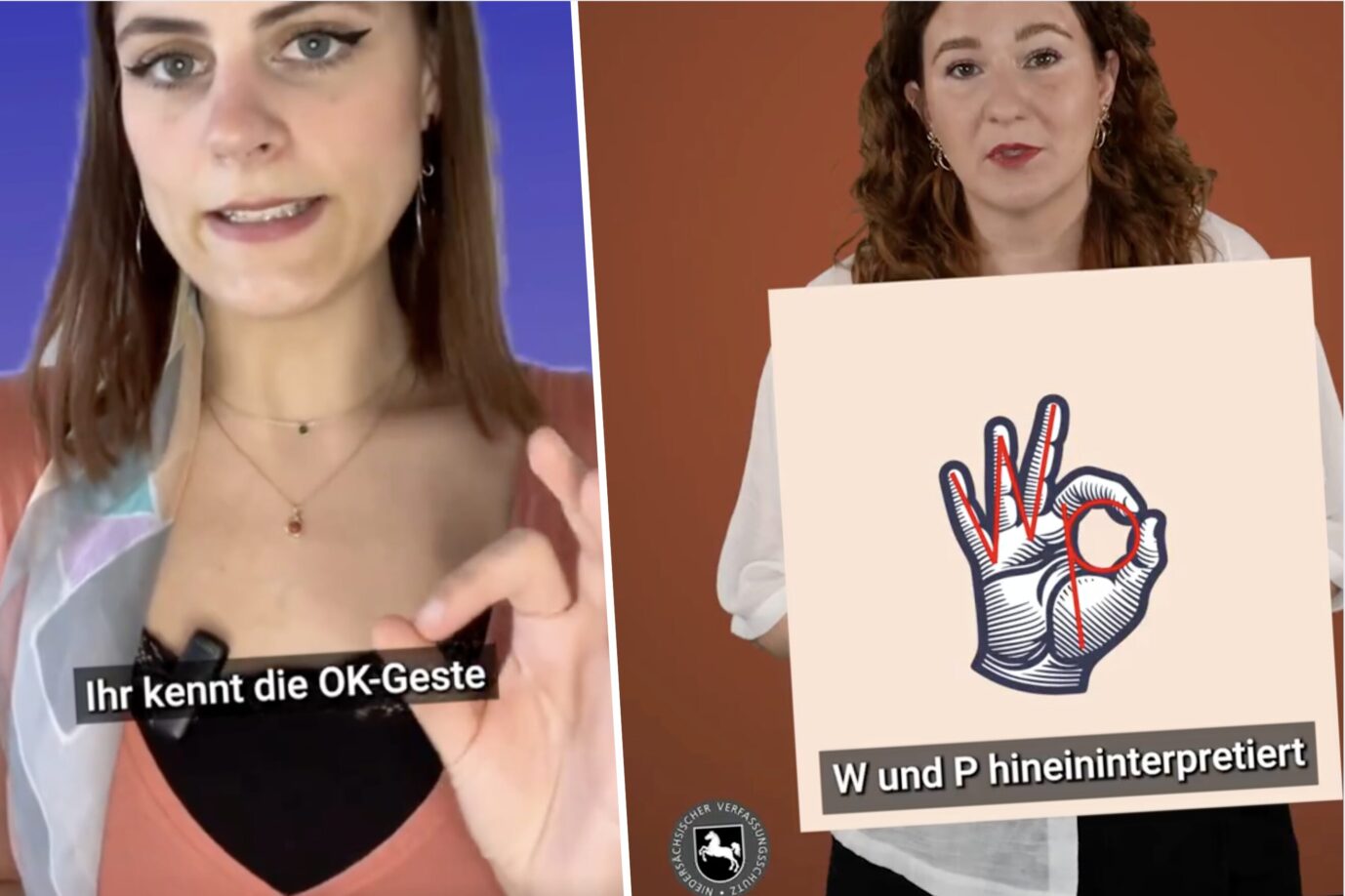 Eine junge und eine etwas ältere Mitarbeiterin des niedersächsischen Verfassungsschutzes gucken auf einem X-Video in die Kamera und erklären, wieso die „Ok“-Gebärde rechtsextrem sei