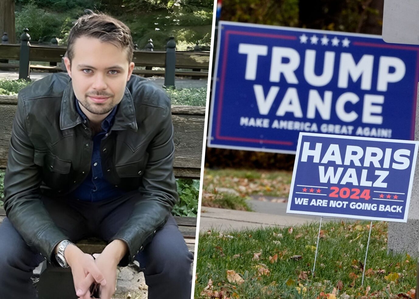 US-Historiker, Influencer, Youtuber Rudyard Lynch vom Kanal Whatifalthist (https://www.youtube.com/Whatifalthist), Plakate der US-Wahl 2024 Trump gegen Harris in Wisconsin / USA. Foto: Privat & picture alliance / ASSOCIATED PRESS | Charles Rex Arbogast