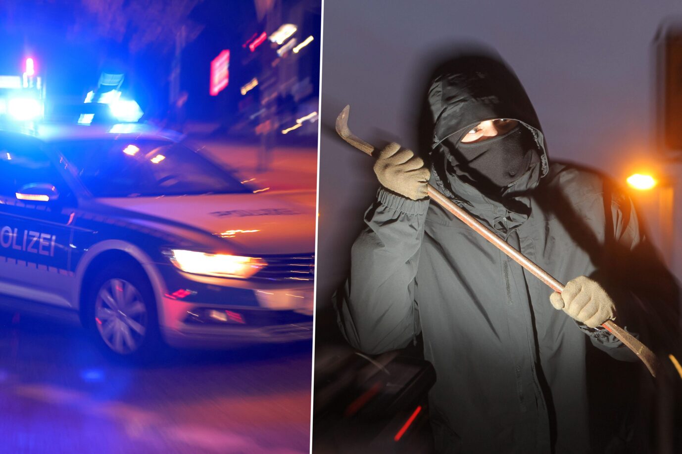 Das Bild zeigt ein Polizeiauto und einen vermummten Verbrecher. Migrantenbanden halten die Polizei in Karlsruhe auf Trab.