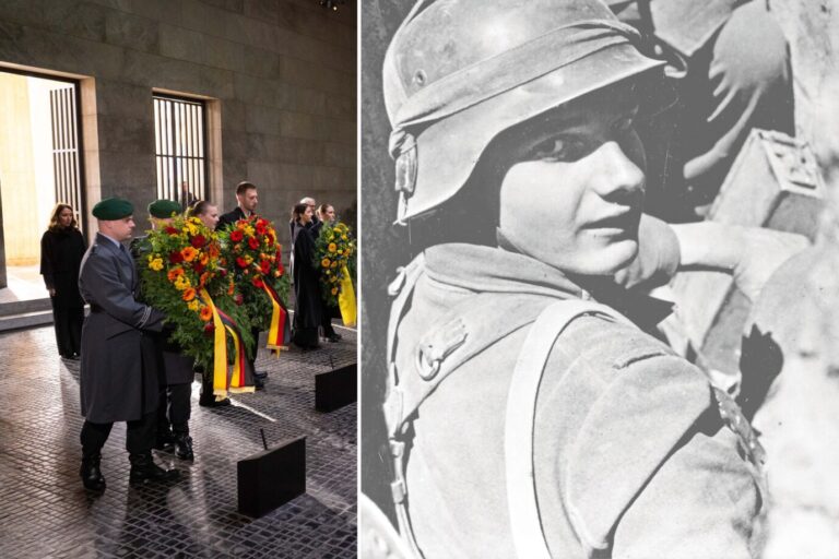 Das Bild zeigt eine Kranzniederlegung am Volkstrauertag und einen jungen Soldaten im Zweiten Weltkrieg. Alle Seiten mussten viele Tote beklagen.