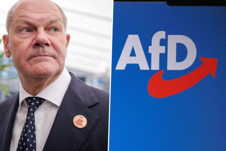 Das Bild zeigt Bundeskanzler Olaf Scholz von der SPD und das Logo der AfD.