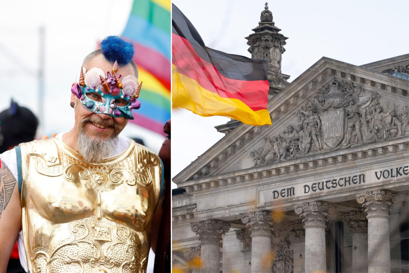 Das Bild zeigt einen Teilnehmer einer Schwulenparade und den Reichstag. Ein freiheitlicher Staat gibt keine Ideologie vor.