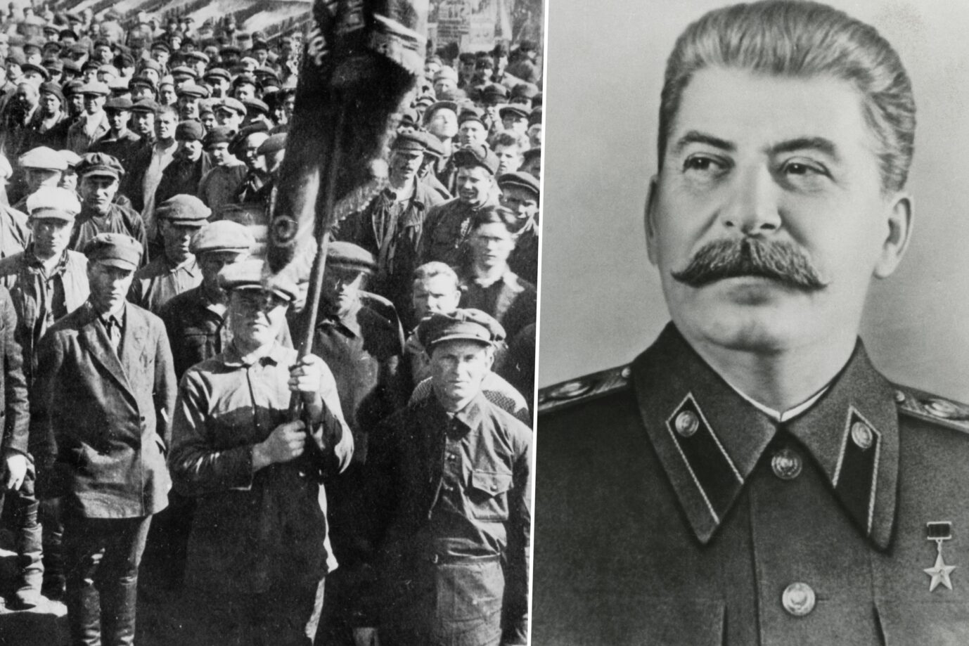 Das Bild zeigt ein sowjetisches Gulag und den Diktator Josef Stalin.