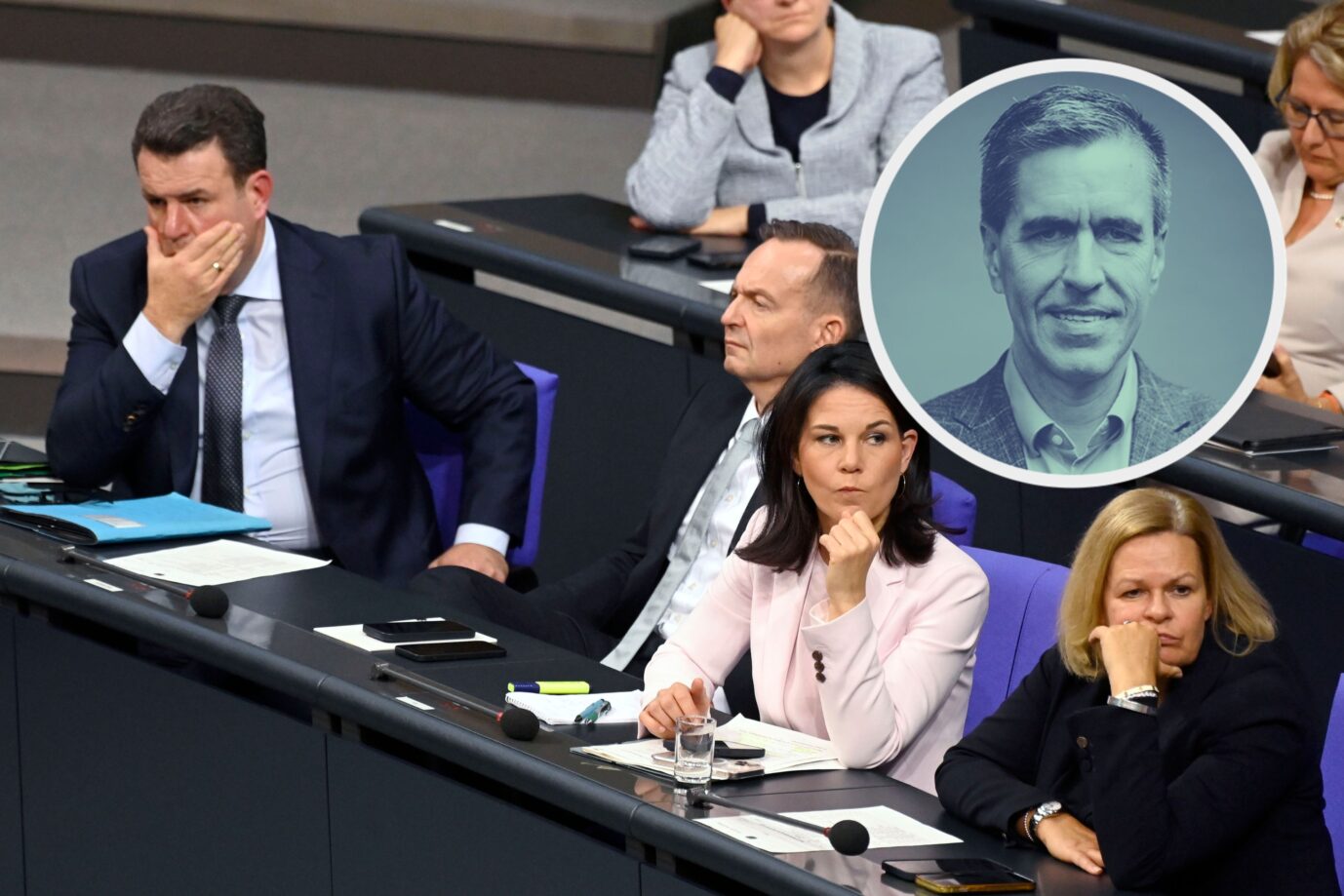 Die Bundesminister Heil (SPD), Wissing, Baerbock (Grüne) und Feaser (SPD, v. l. n. R.) im Bundestag: Mit dem Ampel-Aus besteht die Chance für einen Kurswechsel. Fotos: picture alliance / Geisler-Fotopress | Frederic Kern/Geisler-Fotopress /// JF