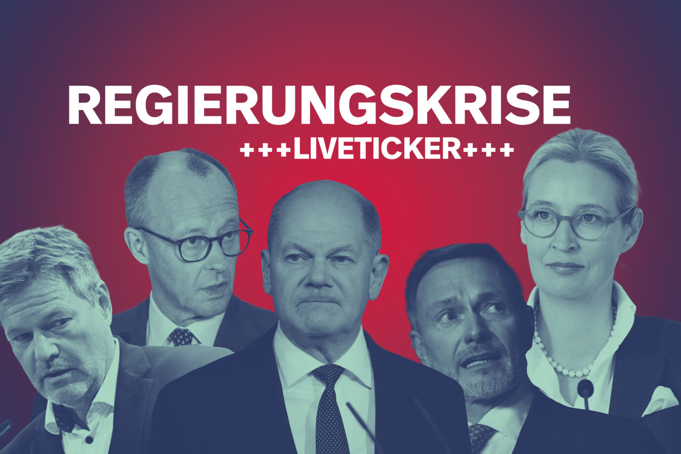 Robert Habeck, Friedrich Merz, Olaf Scholz, Christian Lindner und Alice Weidel. In Deutschland herrscht eine Regierungskrise.