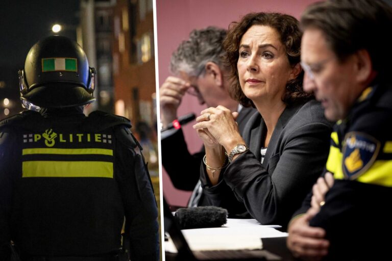 Während Amsterdams Bürgermeisterin Femke Halsema im Rathaus Rede und Antwort stehen muß, versuchen draußen Polizisten, die öffentliche Ordnung zu wahren. Foto: picture alliance / ANP | Talha Andaç/ picture alliance / ANP | Koen van Weel