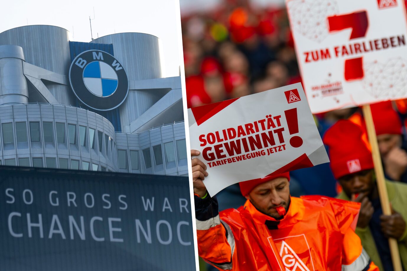 Während vor der BMW-zentrale demonstriert wird, werden drinnen Schreckenszahlen präsentiert. Foto: picture alliance/dpa | Lennart Preiss/ picture alliance/dpa | Lennart Preiss