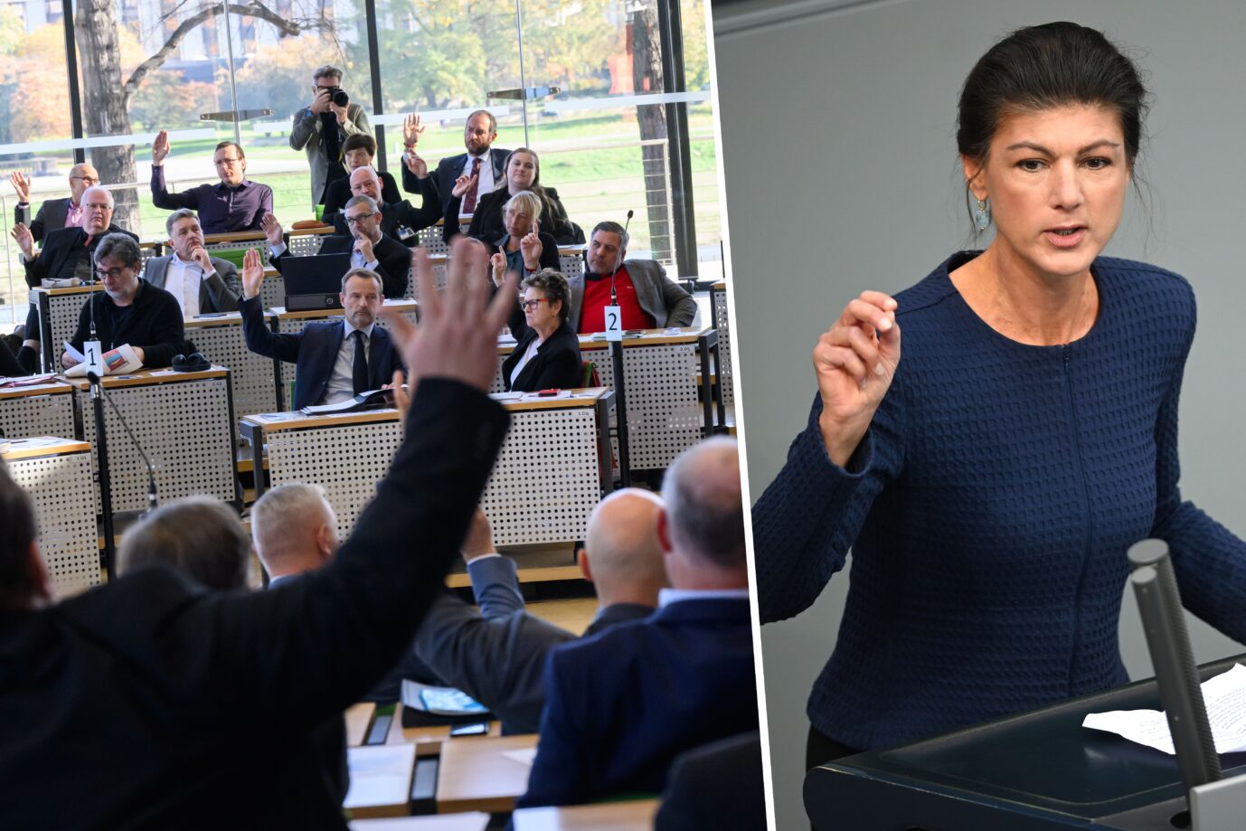 Das Bündnis Sahra Wagenknecht (BSW) sprengt im sächsische Landtag die Koalitionsverhandlungen. Foto: picture alliance/dpa | Rabea Gruber/ picture alliance/dpa | Robert Michael