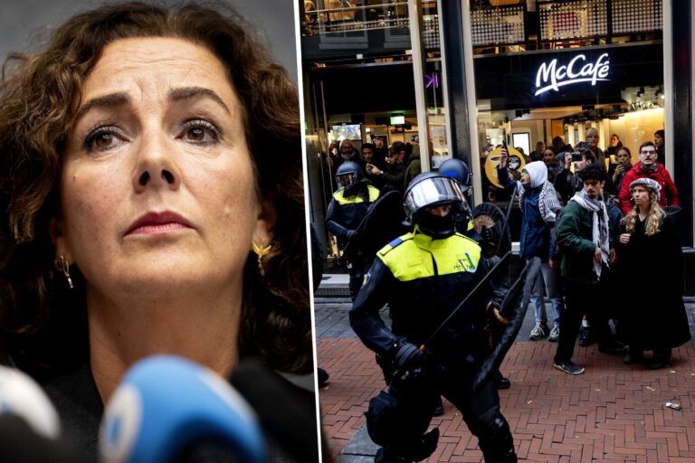 Die Bürgermeisterin von Amsterdam Femke Halsema (GroenLinks) im Kräftemessen mit pro-palästinensischen Demonstranten – muß sie bald ihr Amt räumen? Foto: picture alliance / ANP | Koen van Weel/ picture alliance / ANP | Robin van Lonkhuijsen