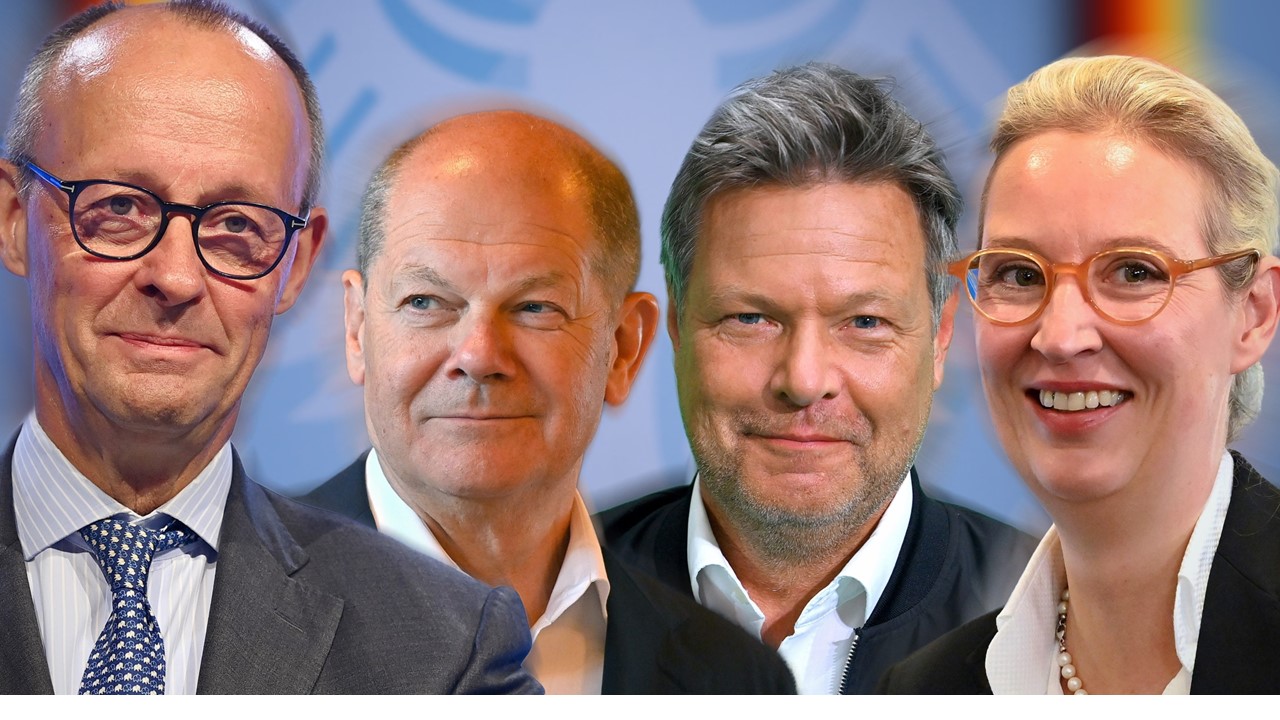 Die vier Kanzlerkandidaten (v.l.n.r.): Friedrich Merz (CDU/CSU), Olaf Scholz (SPD), Robert Habeck (Grüne), Alice Weidel (AfD).