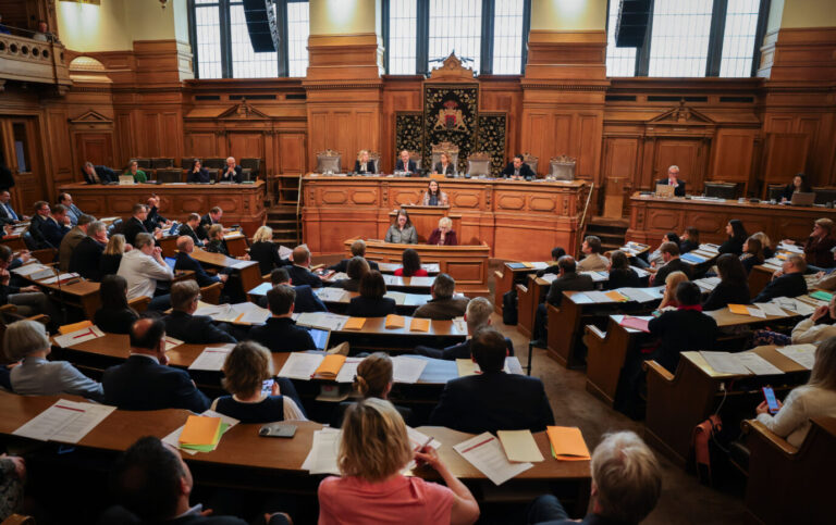 Karen Pein (SPD), Senatorin für Stadtentwicklung und Wohnen in Hamburg, spricht in der Aktuellen Stunde bei einer Sitzung der Hamburgischen Bürgerschaft im Rathaus. Die Grünen haben dort zuletzt für einen Eklat gesorgt.