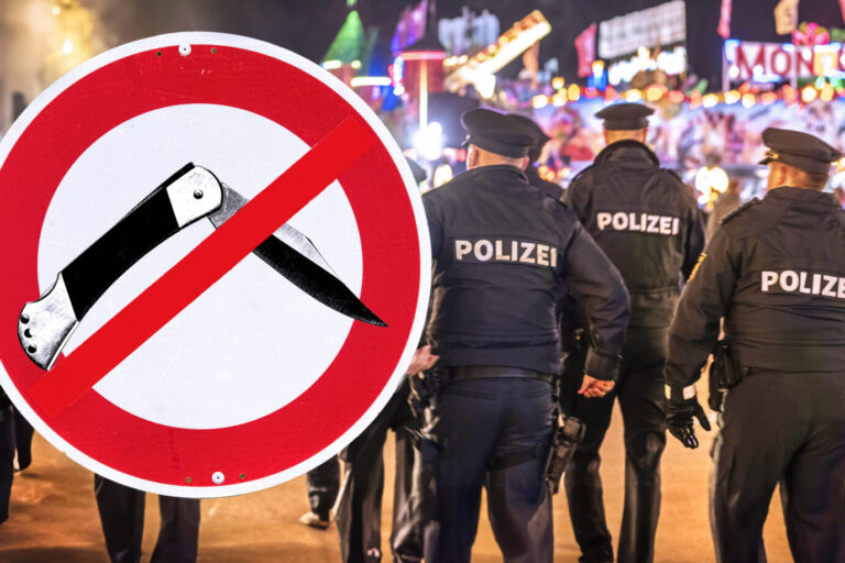 Polizisten in den Uniformen der deutschen Polizei laufen über das Gelände des Oktoberfests – es könnte auch ein Weihnachtsmarkt sein – und will Messerkontrollen durchführen. Wenn sie wieder in erster Linie ältere Damen kontrollieren, könnte das für Spott im Internet sorgen