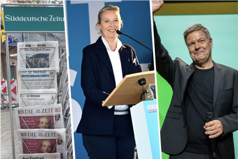 An einem Zeitungsstand sind verschiedene deutschsprachige Zeitungen zum Verkauf zu sehen, daneben steht AfD-Kandidatin Alice Weidel an einem Rednerpult und daneben steht der grüne Wirtschaftsminister Robert Habeck und hebt einen Arm