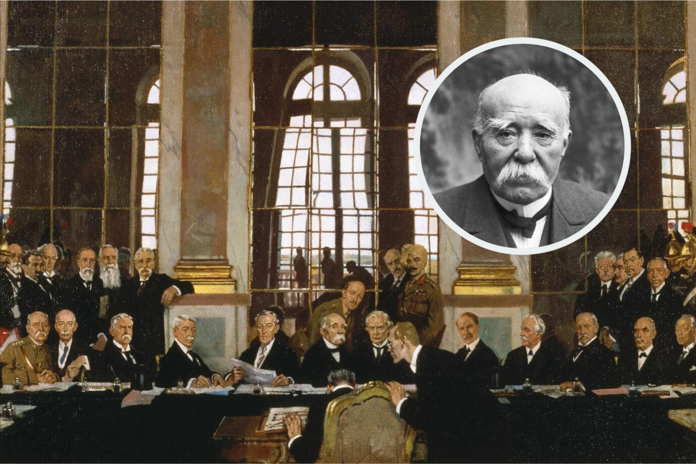 Ein Gemälde, das die Unterzeichnung des Versailler Vertrages 1919 darstellt: Frankreichs Außenminister Georges Clemenceau forderte noch mehr Härte gegen das besiegte Deutschland. (Themenbild/Collage