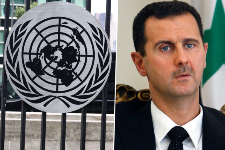 Das Bild zeigt fas Logo der Vereinten Nationen und Syriens Präsident Baschar al-Assad.