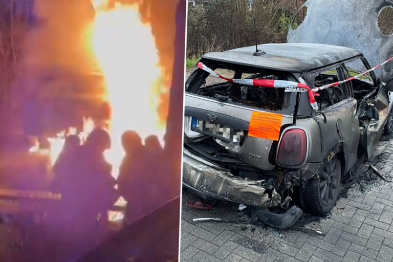 Das Bild zeigt ein brennendes Auto das Wrack davon in Schleswig-Holstein.