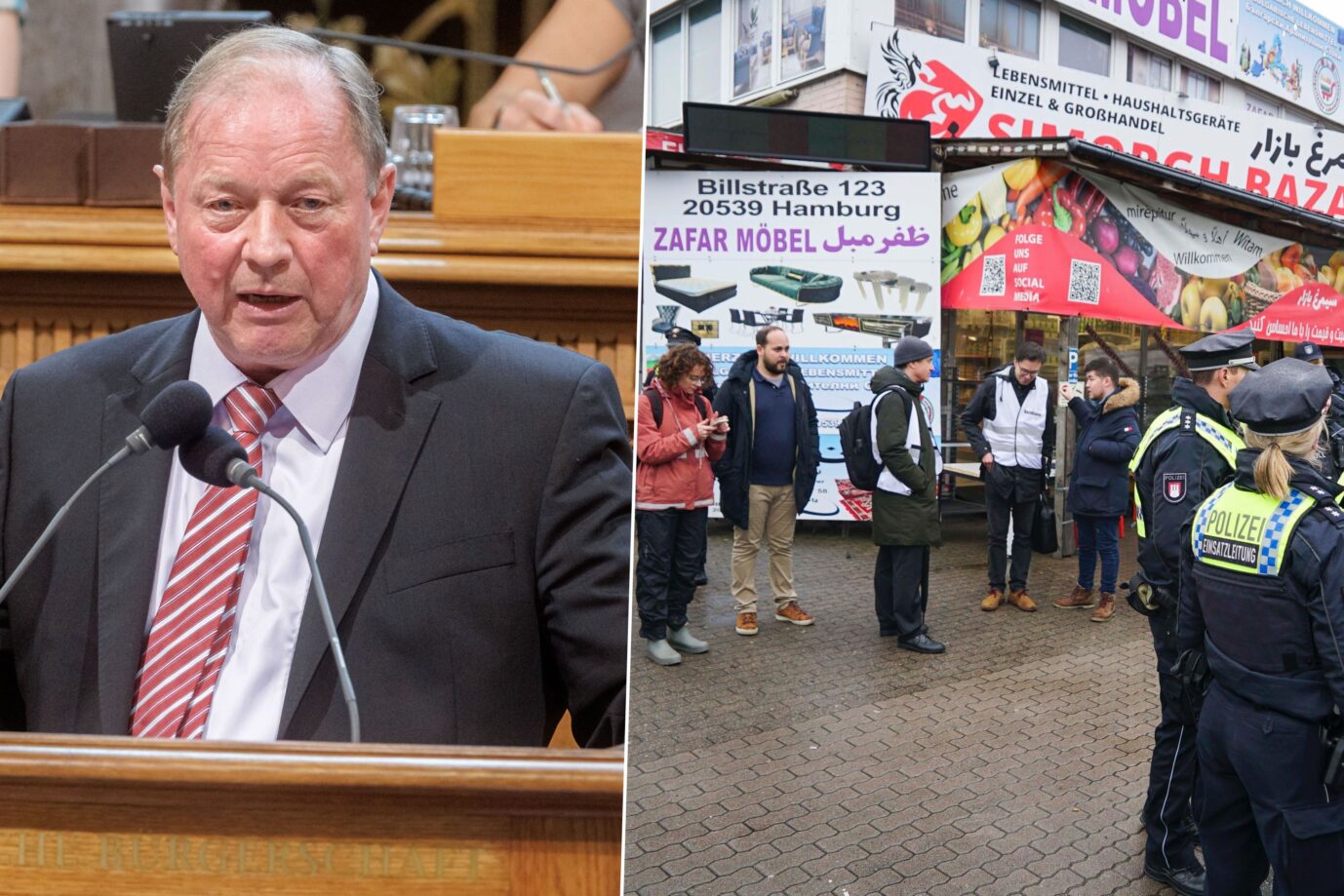 Das Bild zeigt den AfD-Politiker Dirk Nockemann und eine Razzia in Hamburg.