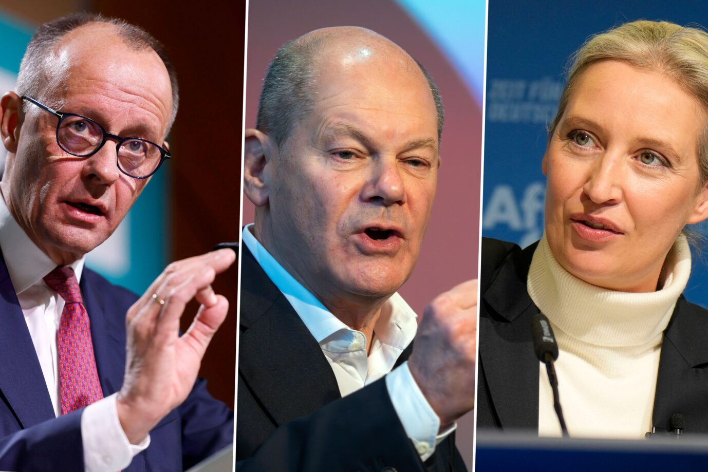 Das Bild zeigt von links nach rechts Friedrich Merz, Olaf Scholz und Alice Weidel. Alle drei wollen Kanzler werden.