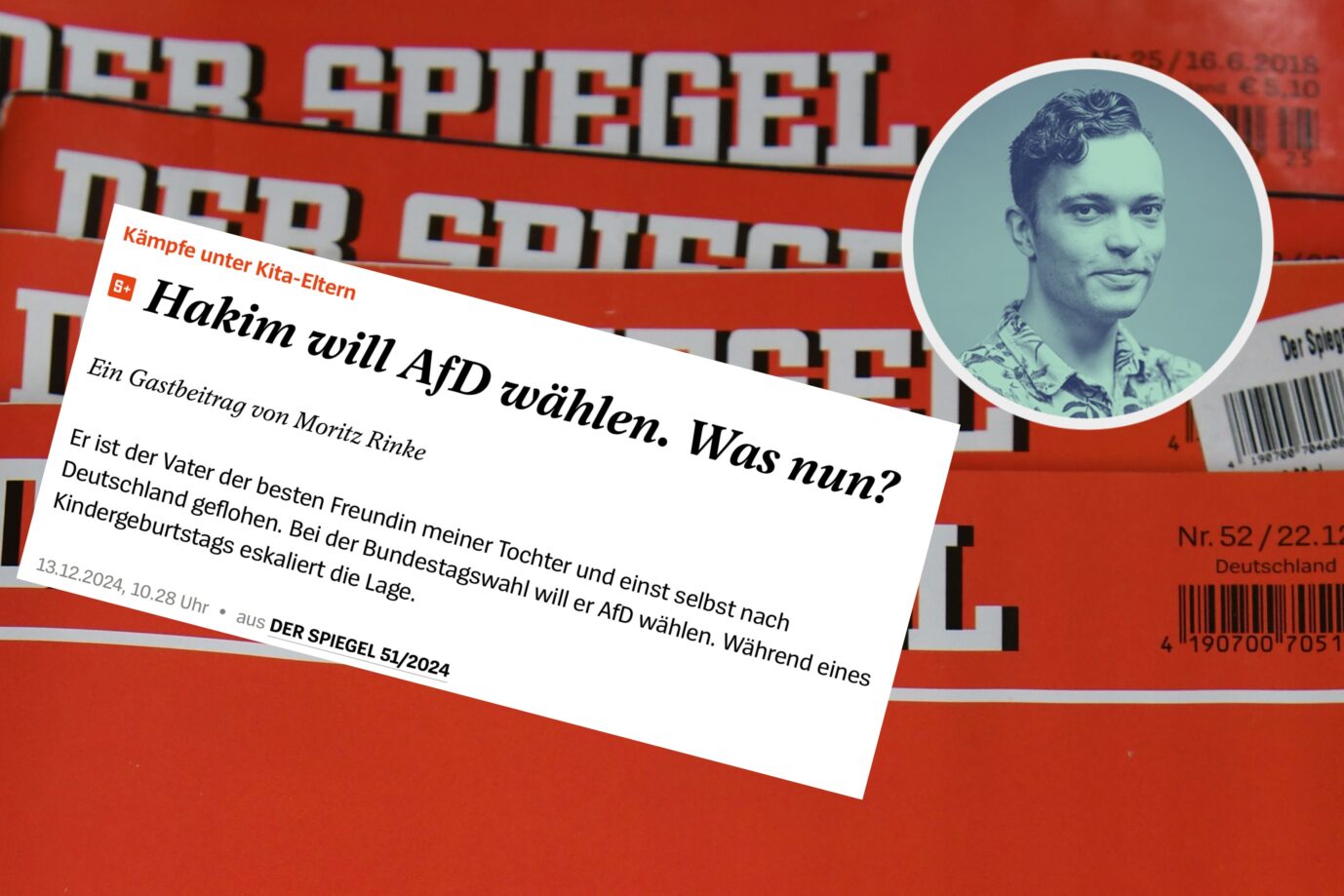 Das Bild zeigt mehrere Cover vom Spiegel. Einer ihrer Autoren regt sich über Hakim auf, weil er AfD wählen will.