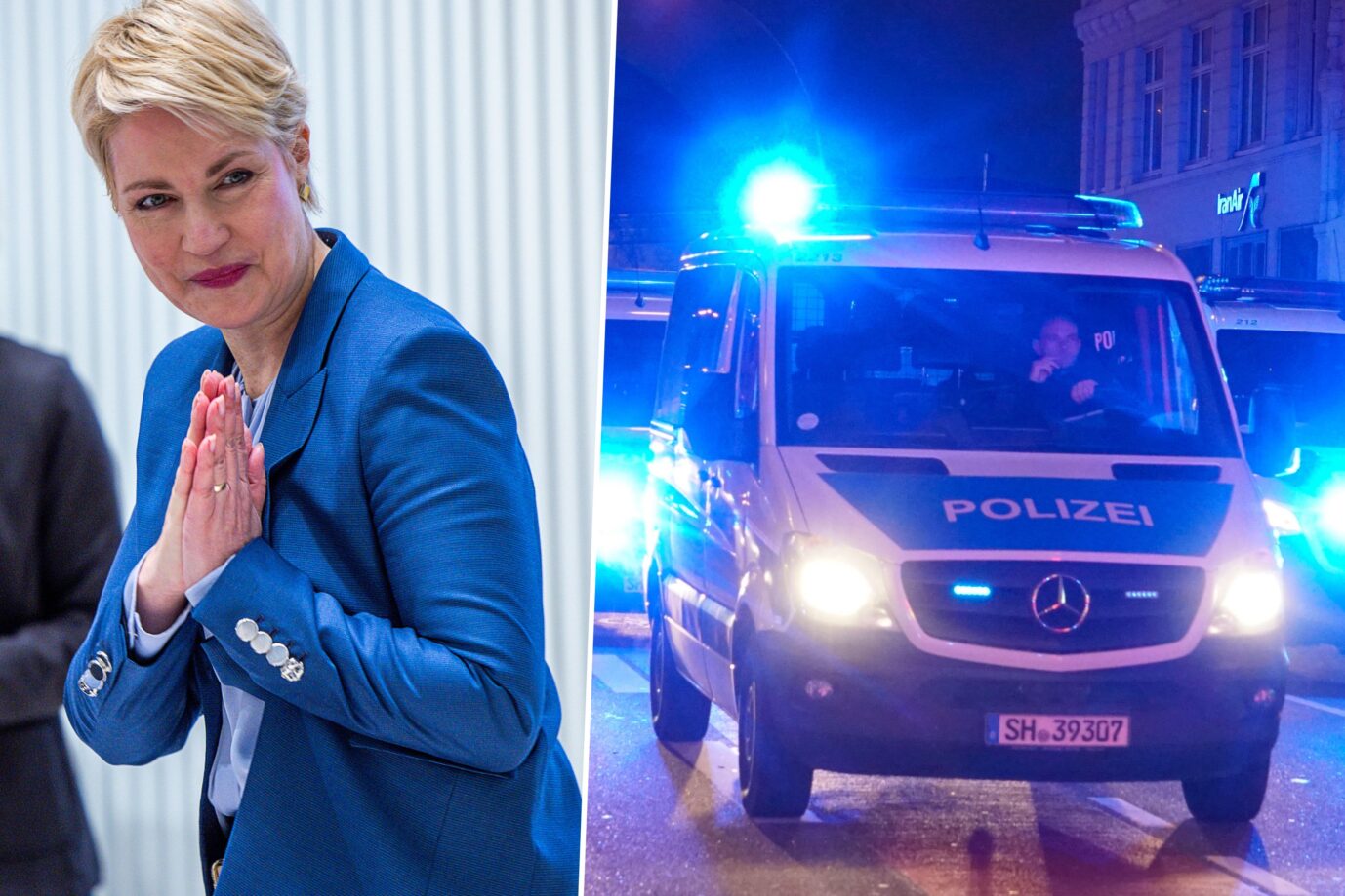 Das Bild zeigt Manuela Schwesig und Polizeiautos.