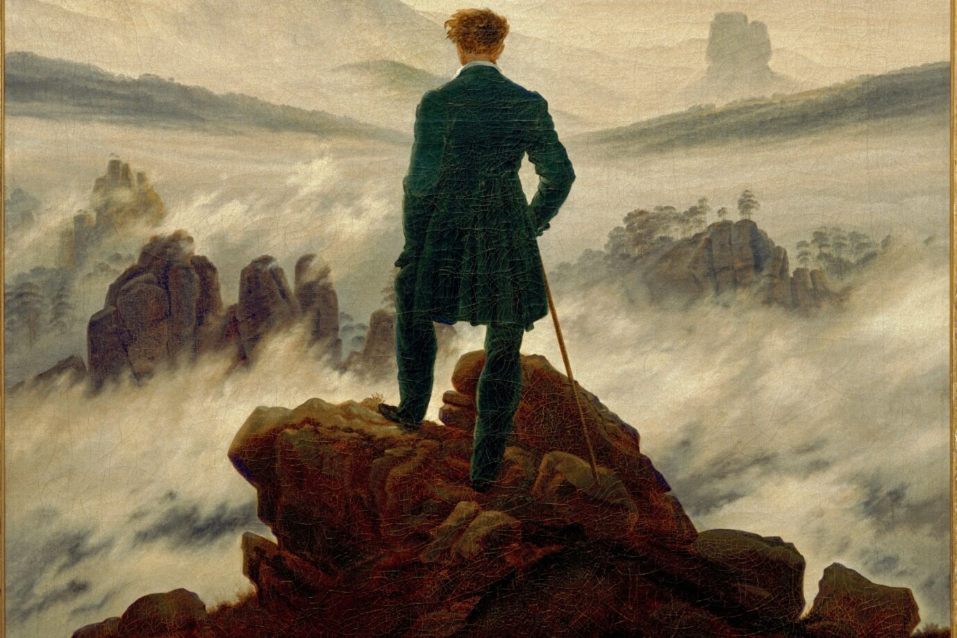 2-R20-W2-1818 Caspar David Friedrich, Wanderer ueber Nebelmeer Friedrich, Caspar David 1774-1840. 'Wanderer ueber dem Nebelmeer', um 1818. Oel auf Leinwand, 94,8 x 74,8 cm. Dauerleihgabe der Stiftung zur Foerderung der Hamburgischen Kunsthalle. Inv.Nr. 5161 Hamburg, Kunsthalle.