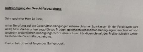 Die JF verfügt über das ganze Kündigungsschreiben der Sparkasse. Foto: zVg