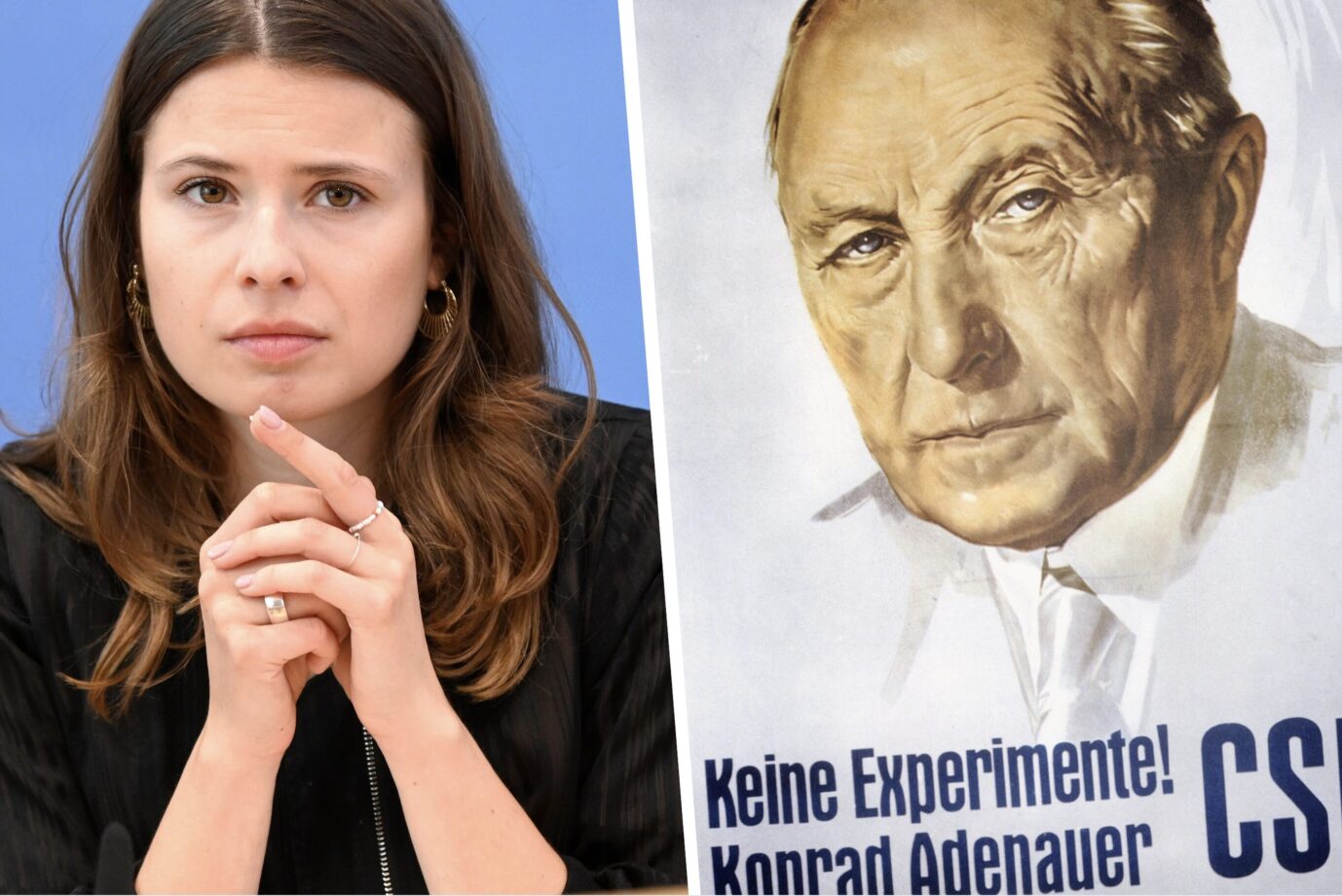 Links schaut die Fridays-for-Future-Organisatorin Luisa Neubauer etwas bedröppelt, daneben starrt der ehemalige Bundeskanzler Konrad Adenauer (CDU) streng von seinem 50er Jahre Wahlplakt und fordert "Keine Experimente"