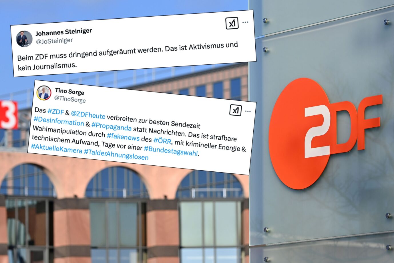 Das Foto zeigt das ZDF-Logo mit drei Tweets von CDU-Abgeordneten