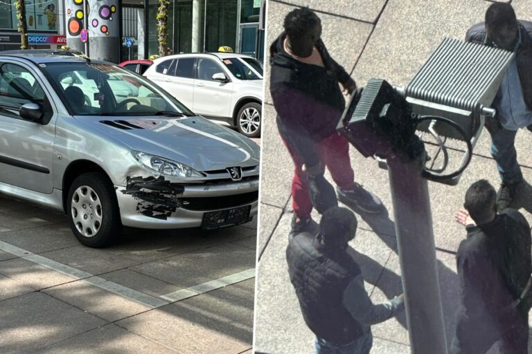 Das Bild zeigt ein verbeultes Auto und mehrere Schwarzafrikaner. Zigeuner-Clans schleusen von Salzburg aus Migranten nach Deutschland.