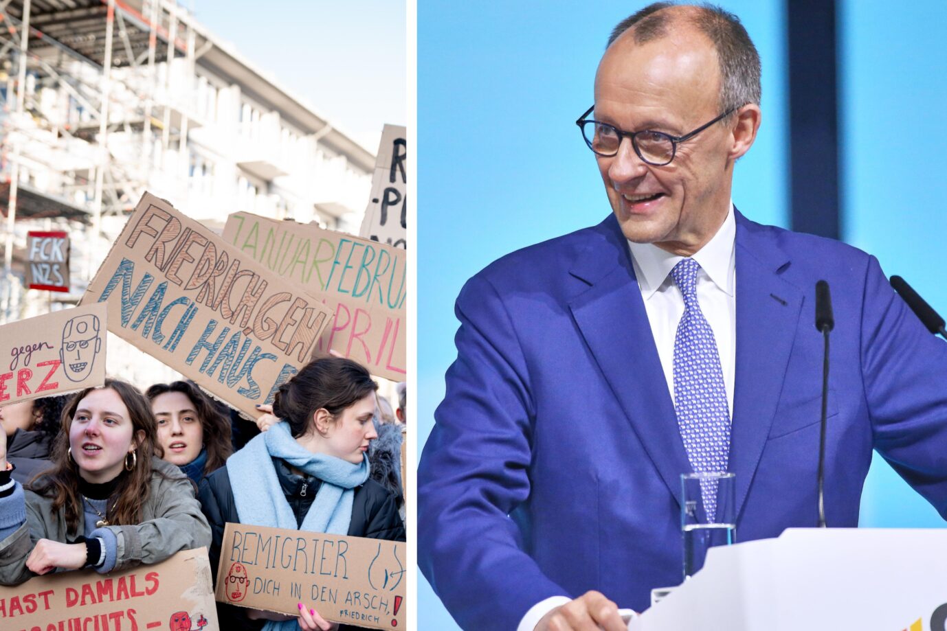 Das Foto zeigt Demonstranten gegen Friedrich Merz und Merz selber