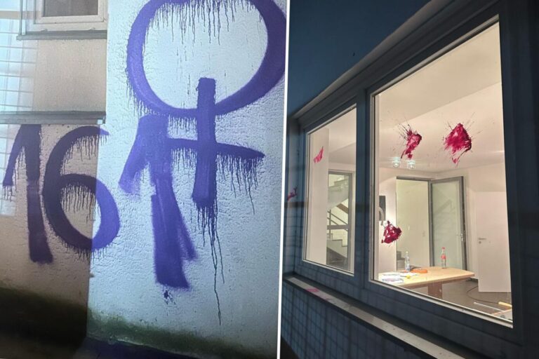 Das Bild zeigt linksextreme Parolen am Haus der Burschenschaft Teutonia Aachen.