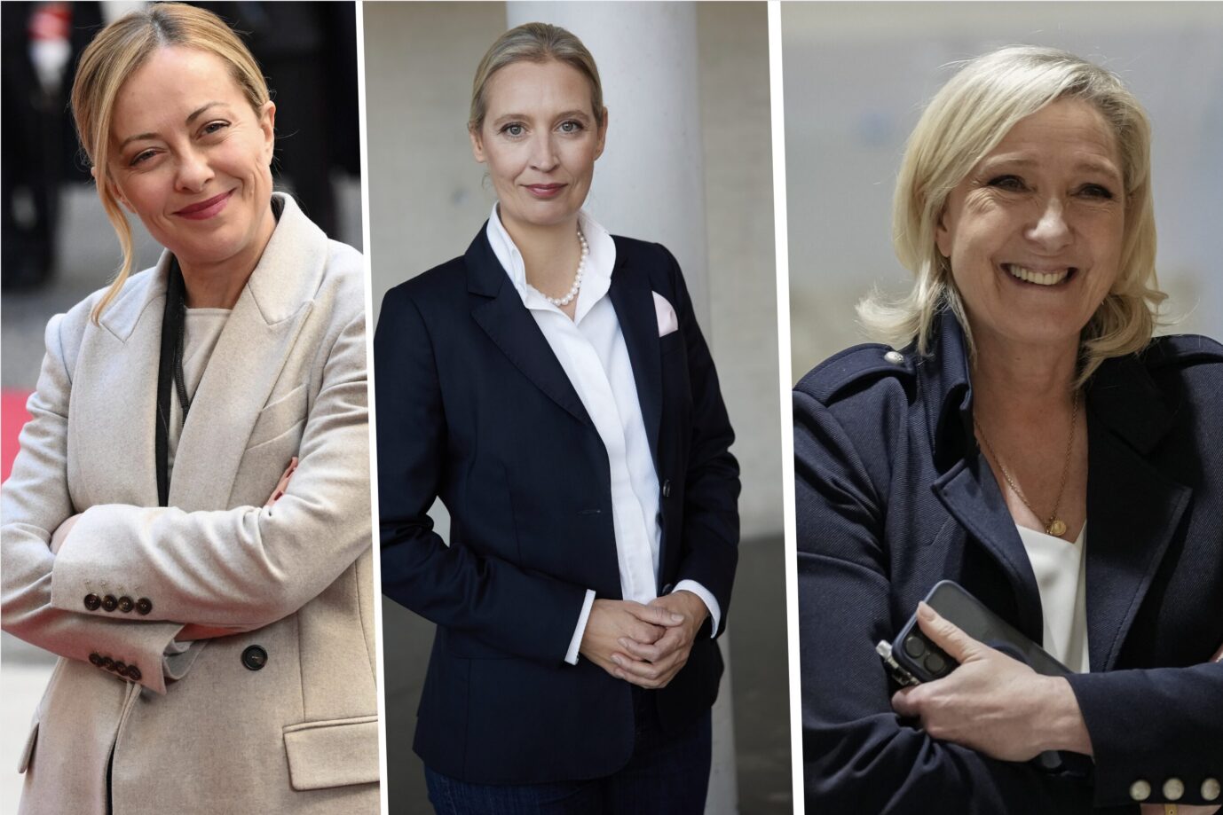 Berühmte rechte europäische Frauen: Die italienische Ministerpräsidentin Giorgia Meloni, die AfD-Kanzlerkandidatin Alice Weidel, Chefin des Rassemblement National, Marine Le Pen